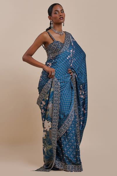 JJV.Kapurthala By JJ Valaya Blue floral-geometric gota embroidered sari set JJVMAY26D144365