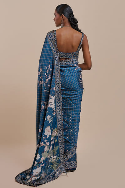 JJV.Kapurthala By JJ Valaya Blue floral-geometric gota embroidered sari set JJVMAY26D144365