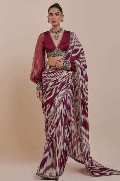 JJV.Kapurthala By JJ Valaya Red abstract ikat gota embroidered sari set JJVMAY26D144368