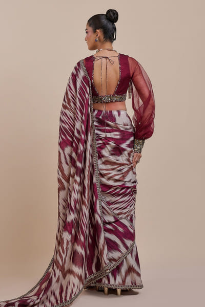 JJV.Kapurthala By JJ Valaya Red abstract ikat gota embroidered sari set JJVMAY26D144368