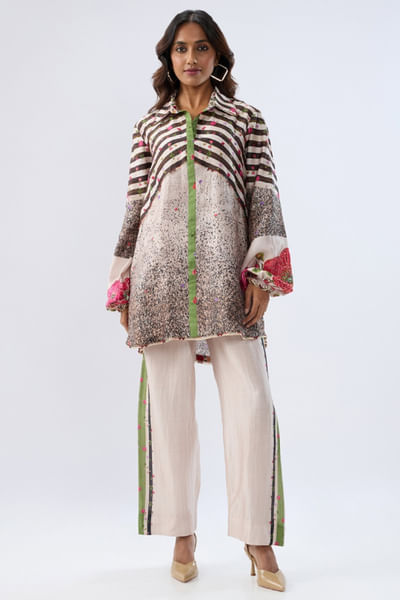 Black stripe-floral print embroidered co-ords
