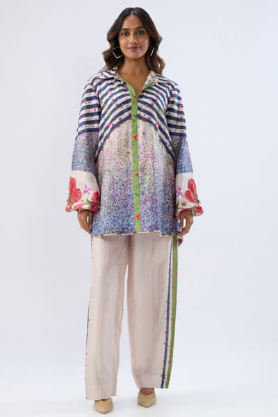 Blue stripe-floral print embroidered co-ords