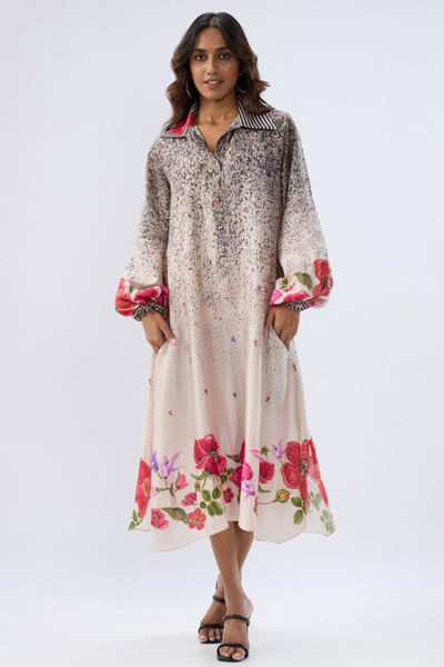 Black and ivory floral print embroidered dress