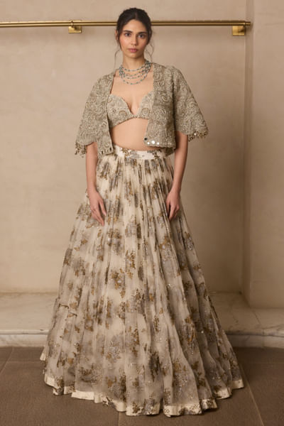 Ivory zardozi-aari jacket and lehenga set