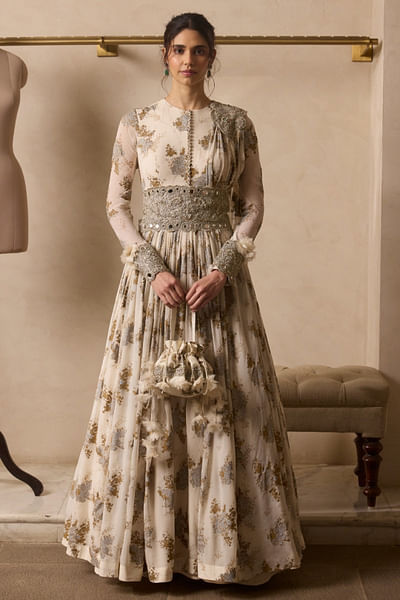 Ivory print embroidered belted anarkali set