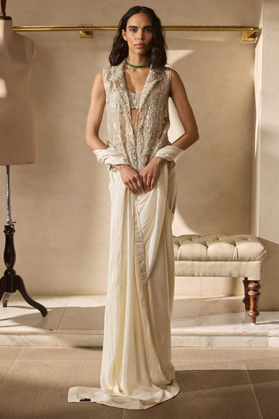 Ivory aari-zardozi embroidered jacket sari set