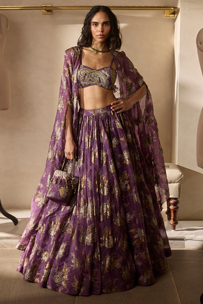 Plum printed cape and lehenga set