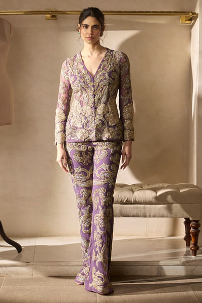 Plum aari and zardozi embroidered jacket set