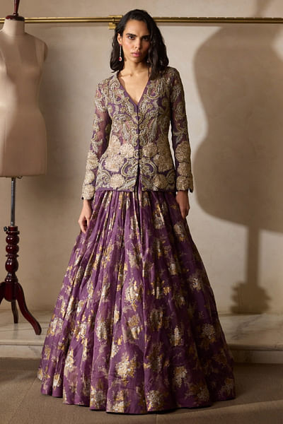 Plum print embroidered jacket and lehenga set