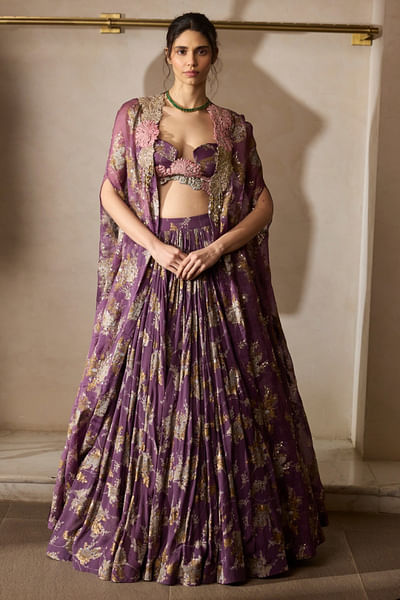 Plum print-embroidered cape and lehenga set