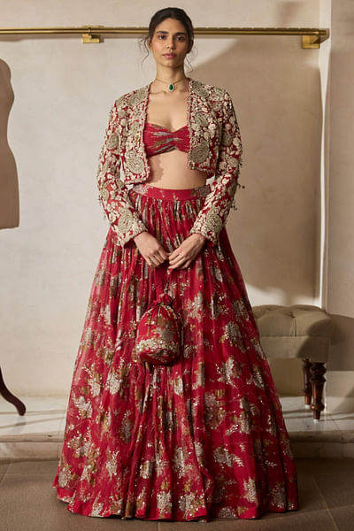Red aari-zardozi embroidery jacket lehenga set