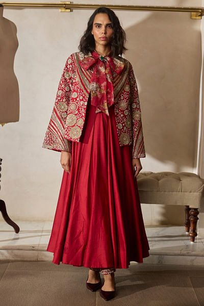 Red embroidered jacket and anarkali set