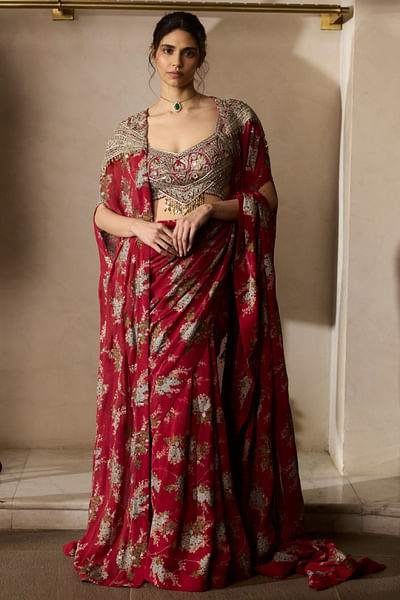 Red print-embroidered cape and sari set