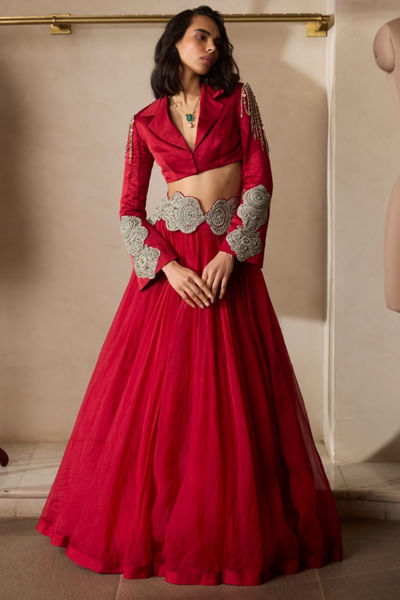 Red embroidered crop jacket and lehenga set