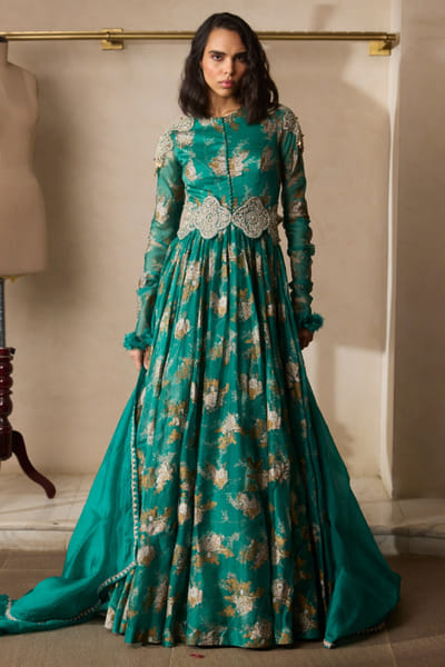 Bhumika Sharma Teal green printed and belted anarkali set BHUJUN25D129094