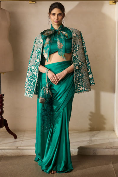 Teal green embroidered jacket and sari set