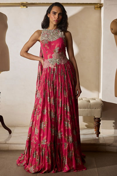 Fuchsia printed and embroidered anarkali