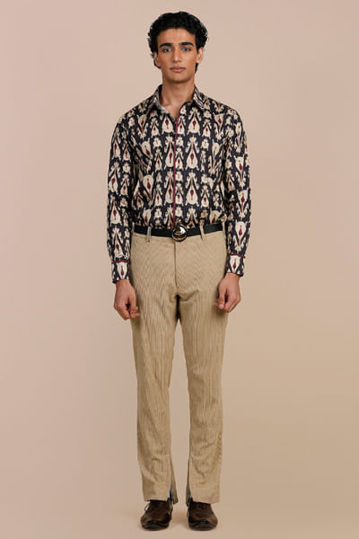 Midnight blue and ivory ikat printed shirt