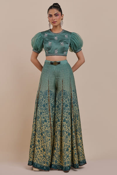 JJV.Kapurthala By JJ Valaya Blue and green embroidered jamavar sharara set JJVMAY26D144364