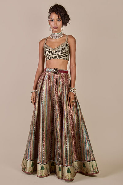 Ivory multicoloured chevron skirt set