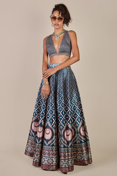Blue and ivory printed skirt set