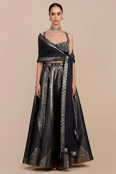 Navy blue sequin embellished skirt set