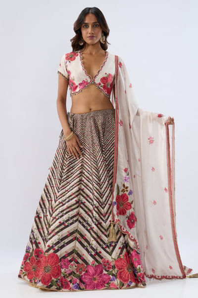 Ivory floral and chevron printed lehenga set