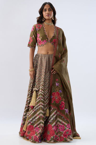 Green floral and chevron printed lehenga set