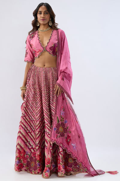 Pink floral and chevron printed lehenga set