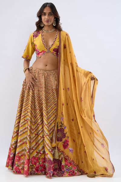 Yellow floral and chevron printed lehenga set