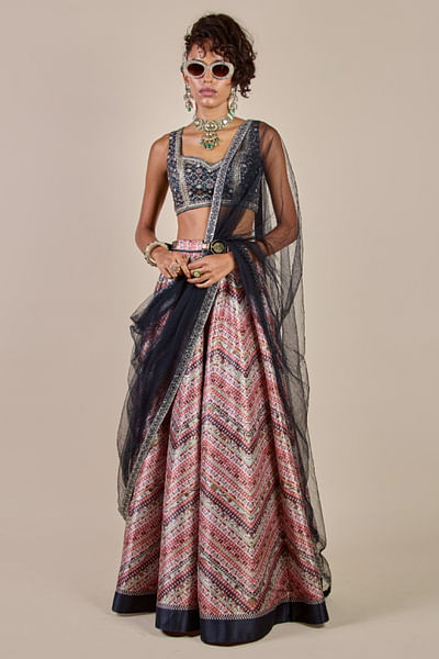Blue embroidered tulle stole