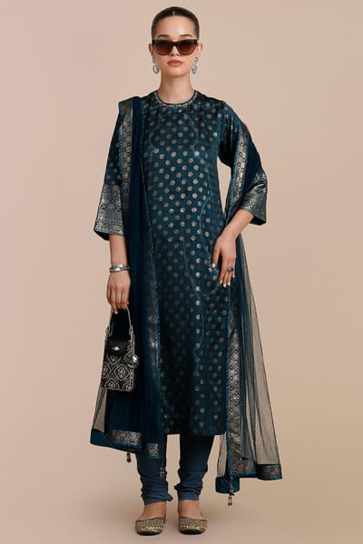 Prussian blue jamawar printed stole