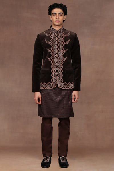 Brown embroidered bandhgala set