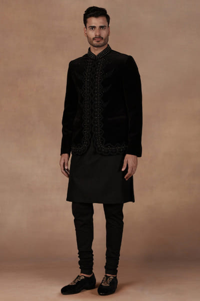 Black cotton velvet embroidered bandhgala set