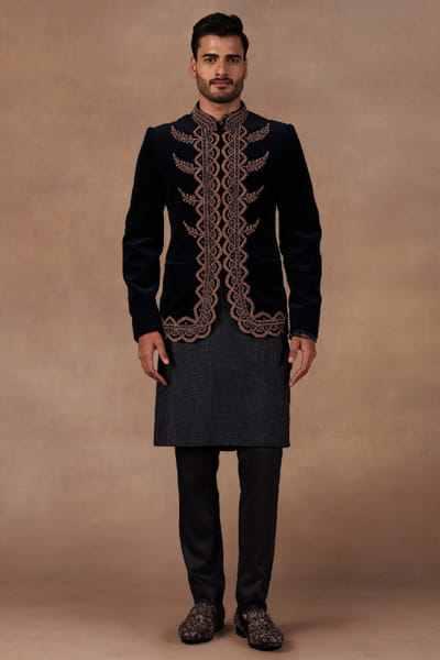 Blue cotton velvet embroidered bandhgala set