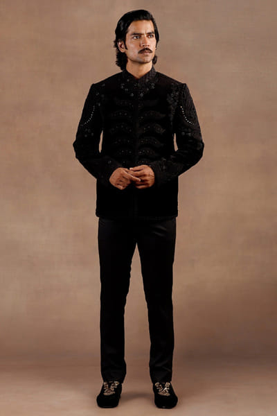 Black velvet embroidered bandhgala set