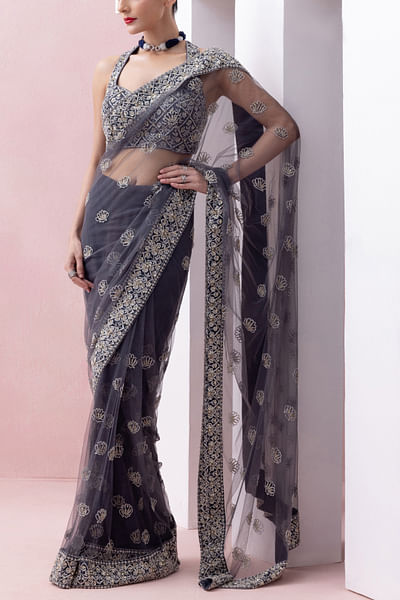 Aegean blue motif embellished sari set