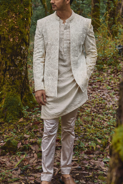 Alabaster white embroidered jacket kurta set