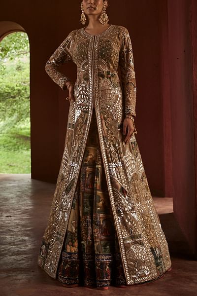 Almond biscoff mirror work achkan lehenga set