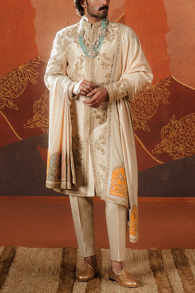 Almond floral embroidered sherwani set