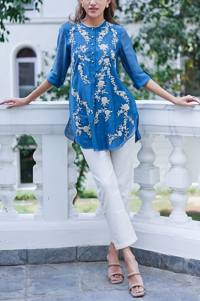 Amber blue floral embroidered tunic