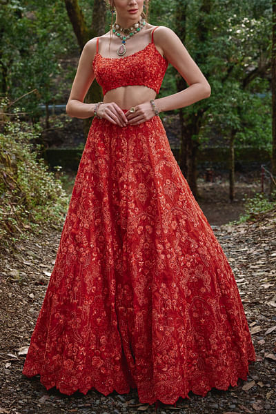 Amber orange floral embroidered lehenga set