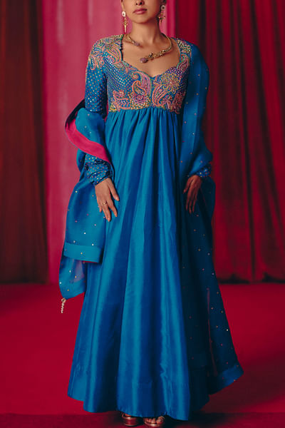 Ananda blue floral embroidered anarkali set