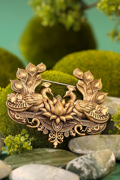 Antique gold brass peacock and lotus brooch