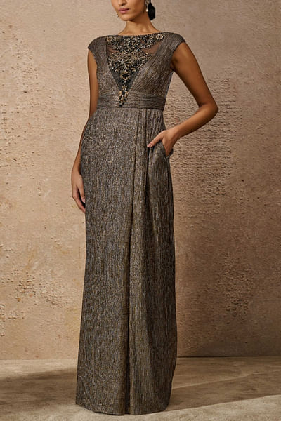 Antique gold embellished crinkle jumpsuit