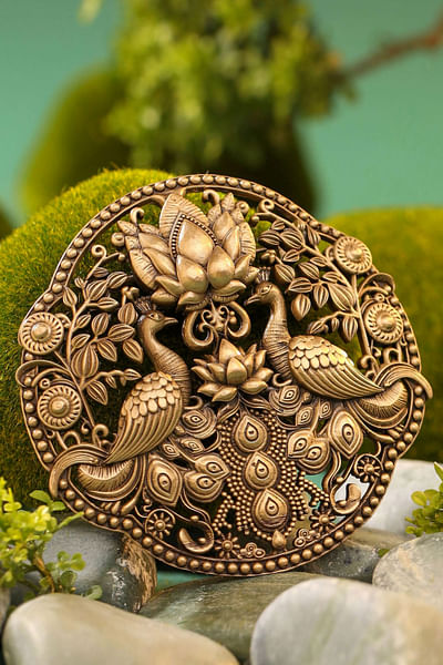 Antique gold lotus and peacock brass brooch