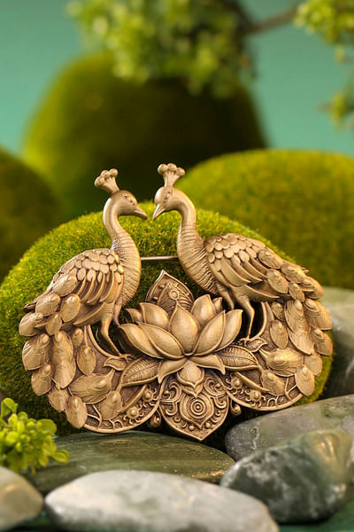 Antique gold lotus and peacock brooch