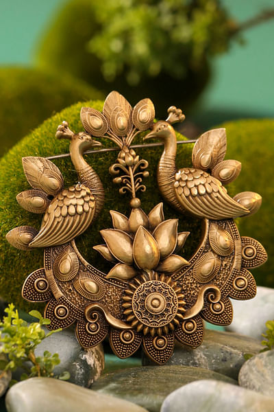 Antique gold peacock and lotus brass brooch