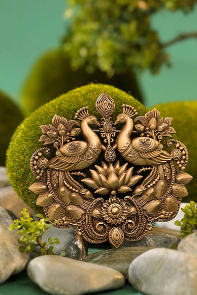 Antique gold peacock brass brooch