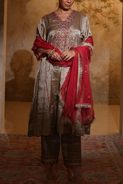 Antique silver mirror embroidered kurta set